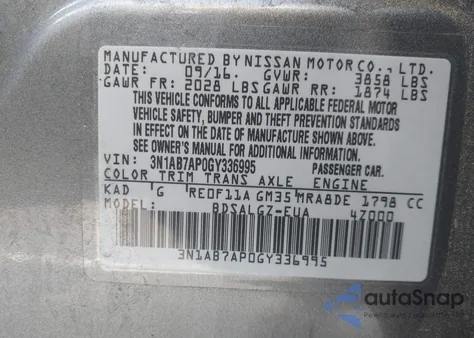 2016 Nissan Sentra Sl z USA, uszkodzony, nr VIN 3N1AB7AP0GY336995